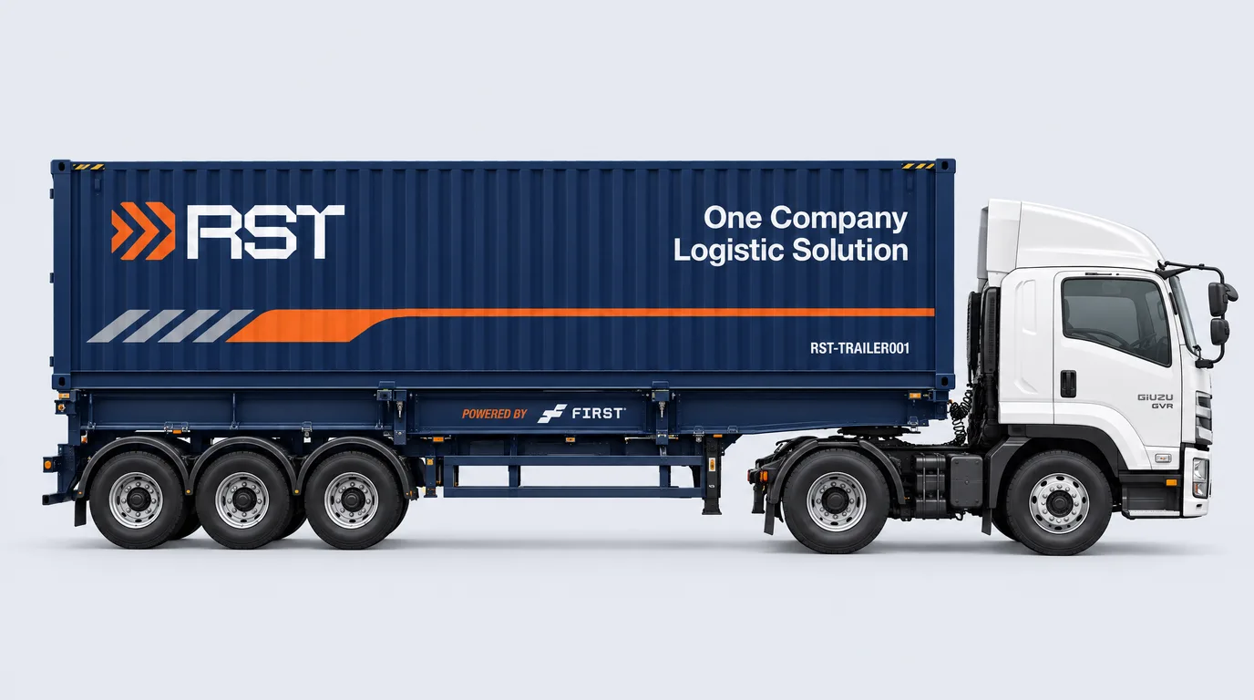 Side view of a white tractor head pulling a skeletal trailer with a navy 40 foot RST container