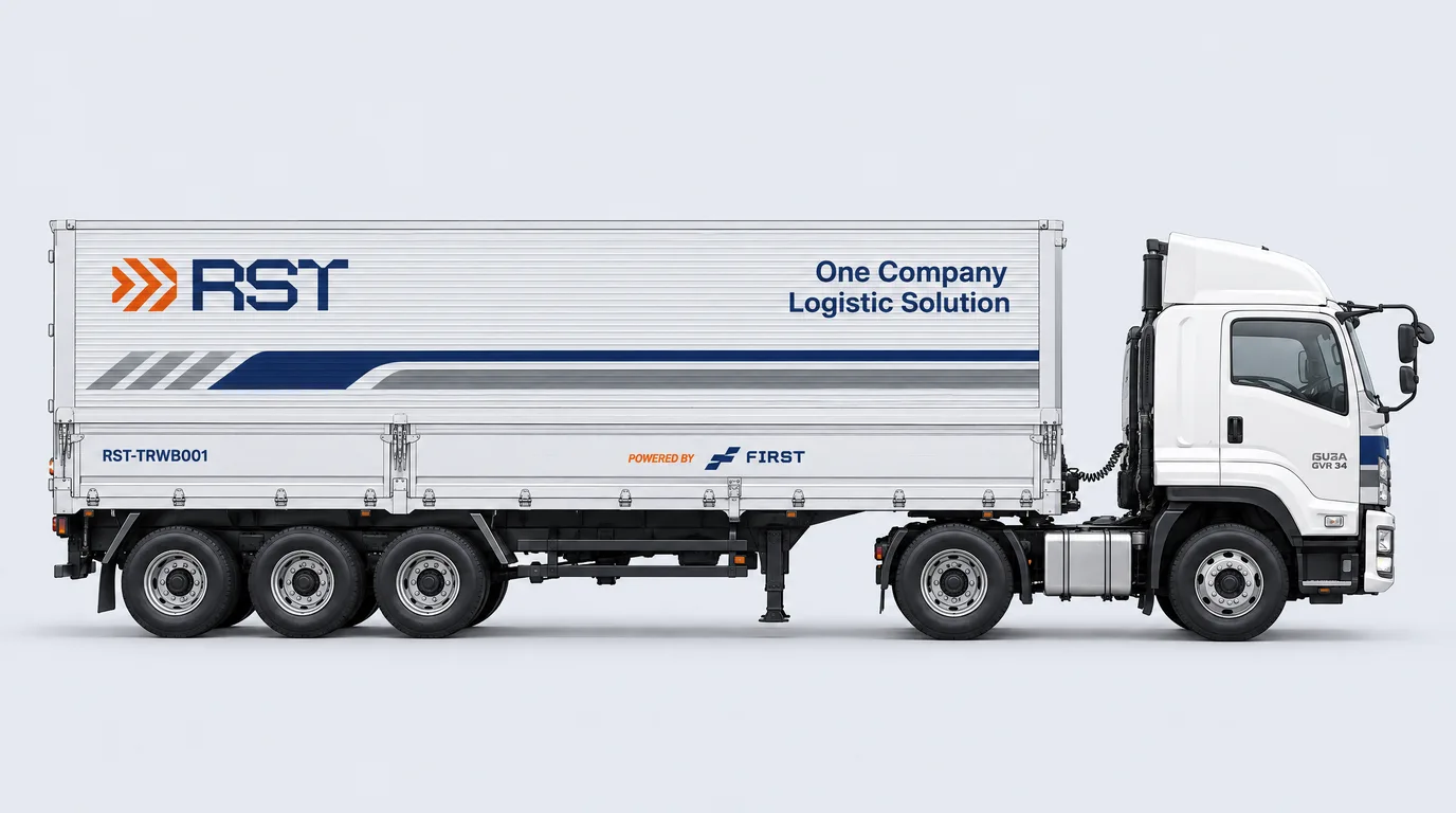 Side view of a white tractor head pulling a three axle wingbox semi trailer