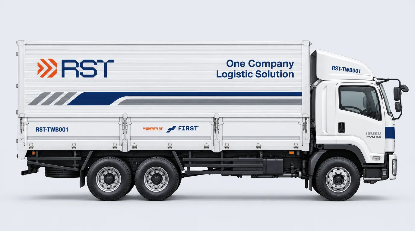 Side view of a white three axle tronton wingbox truck
